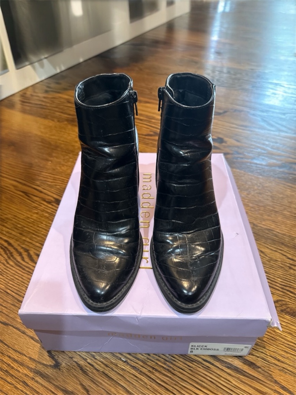 Madden Girl Black Croc-Embossed Pointed Toe Ankle Booties with Side Zip